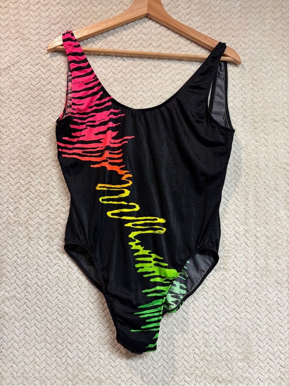 Vtg 80s 90s Neon Zebra Splatter High Cut One Piece Swimsuit Scoop Back M